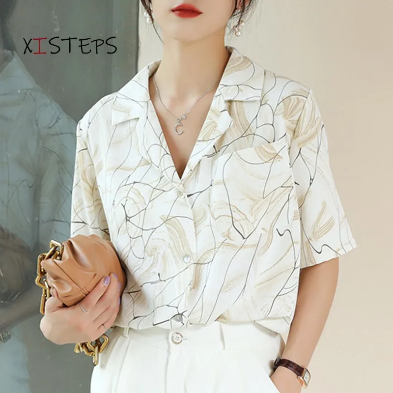 2021 Summer Chiffon Blouses For Women Short Sleeve V-neck Ladies Chiffon Shirts Printed Ladies Office Lady Tops Loose Clothes