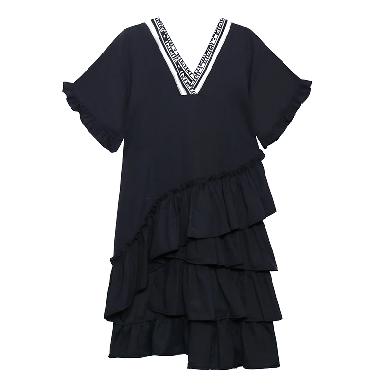 

XUXI Black Dress Women V-neck Short Sleeve Irregular Loose And Thin MINI Skirt Summer 2021 E1932