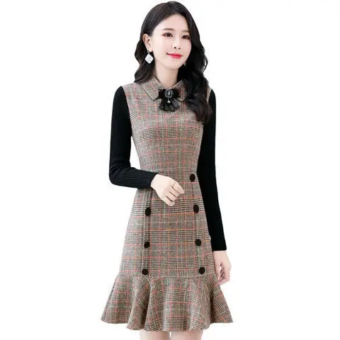 Осень-зима 2020 женское платье в стиле пэчворк платья клетку с имитацией двух