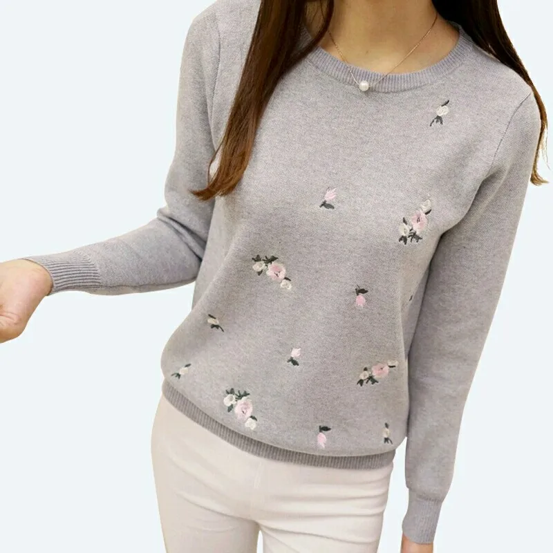 

2020 Newest Style Womens Pullovers Beautiful Flowers Embroidery Long Sleeve Casual Female Cotton Sweater Solid color Female Tops