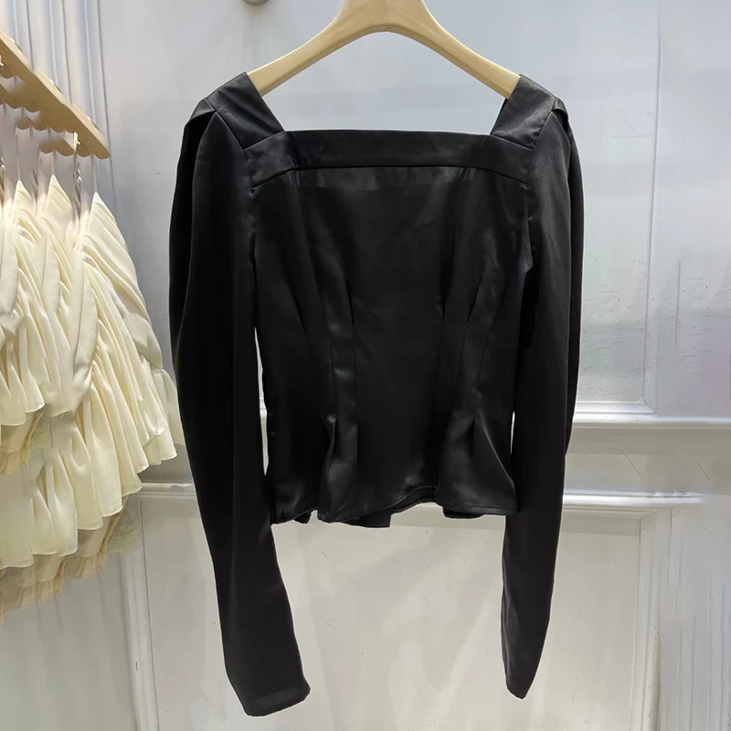 

TWOTWINSTYLE Casual Plain Button Through Blouses For Female Square Collar Long Sleeve Tunic Shirts Women's Clothing 2021 Fashion