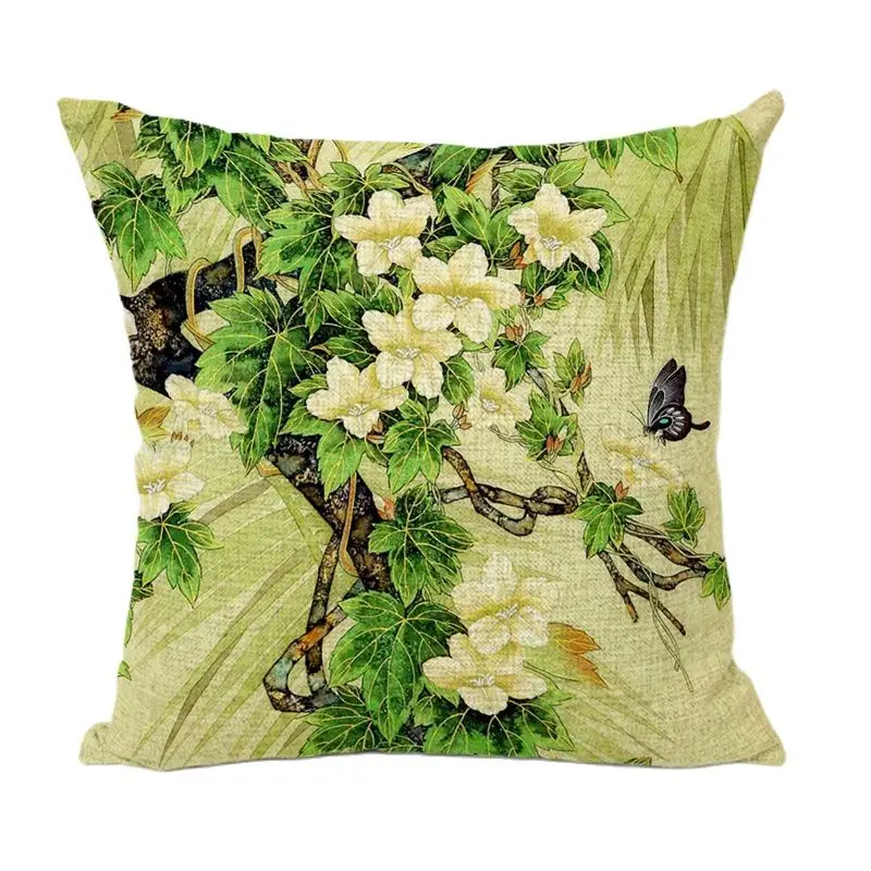 Vintage Chinese Style Cushion Cover Flower Bird Image Green Leaves Pretty Peony Tulip House Garden Decor 45*45cm and 30*50cm | Дом и сад