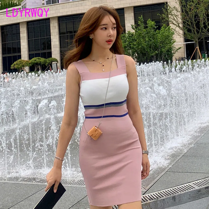 

2020 summer new Korean version of the temperament Slim color matching knitted sling fashion bottoming dress women
