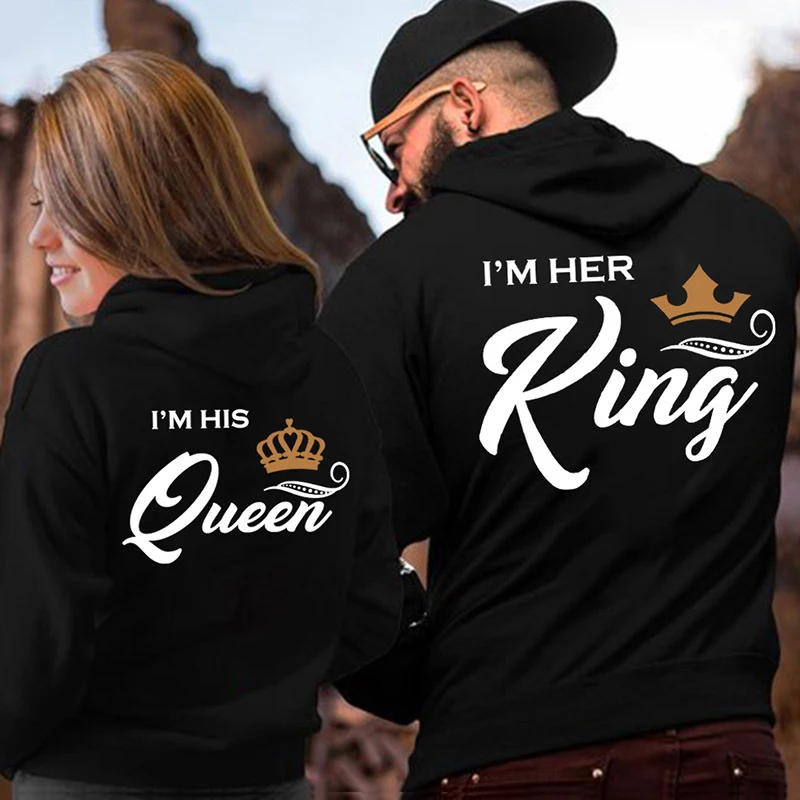 Casual King Queen Letter Women's Clothing Couple Hooded Print Sweatshirt image 2
