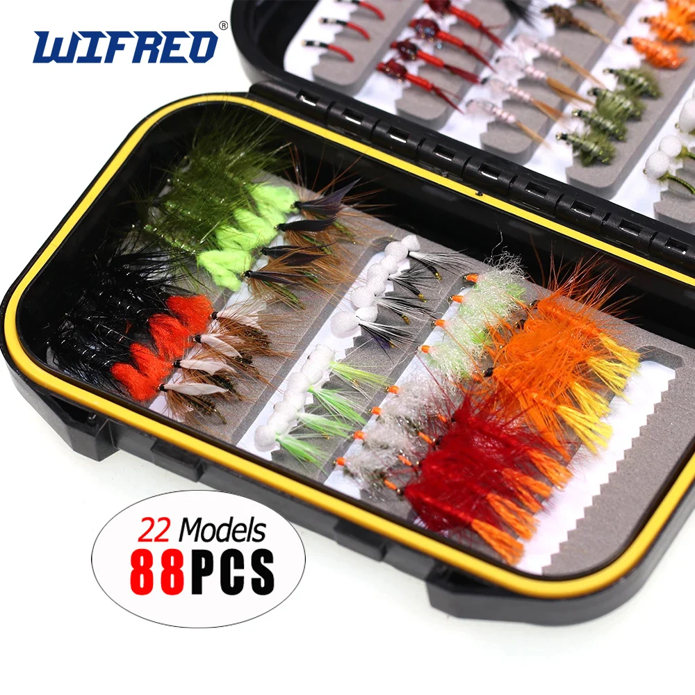 Wifreo 88PCS Pheasant Tail Scud Nymph Prince Nymph Midge Fly Dry Mayfly Fake Lures Bait Fly Trout Bass Fishing Kits