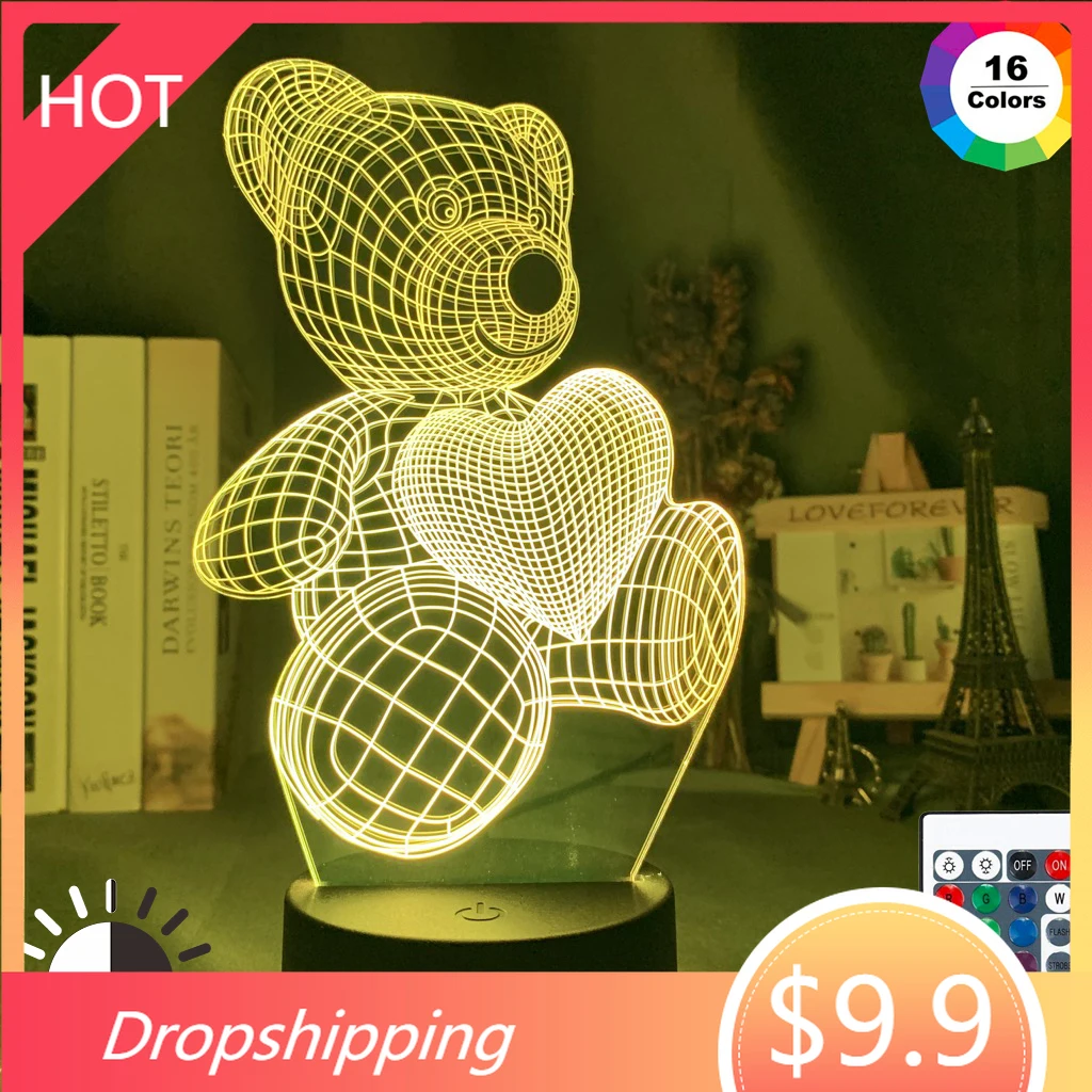 3d иллюзия детский ночник медведь с сердцем светодиодный сенсорный переключатель