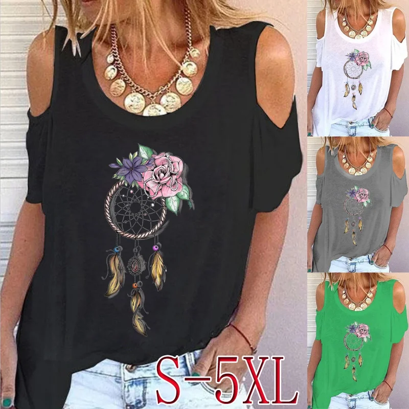 

Женская футболка с круглым вырезом, коротким рукавом и открытыми плечами