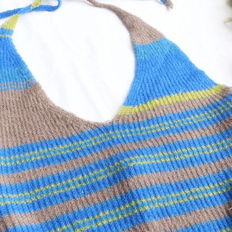 

2021 Fashion Striped Knit Dress Women Harajuku Girls Striped Skinny Mini Dress Sexy Laides Backless Halter Summer Beach Dresses
