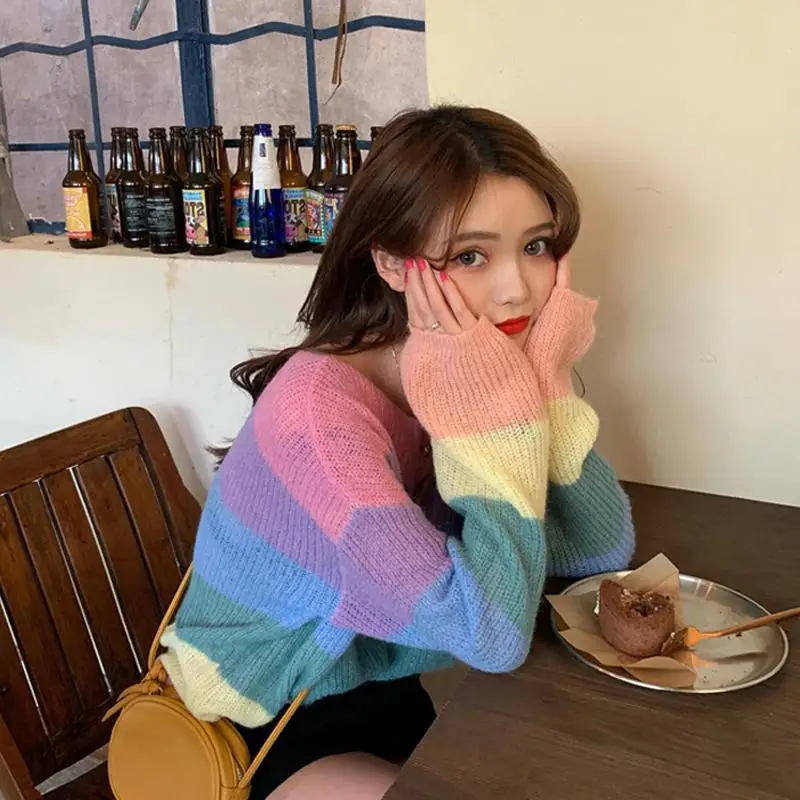 Suéter a rayas de arcoíris coreano para mujer, suéteres de punto fino y suelto Kawaii, suéteres Pastel de gran tamaño, dulce y Chic, de principios de otoño