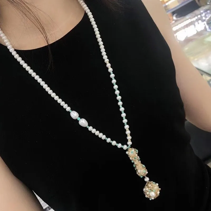 

Женское длинное ожерелье с бусинами, позолоченное бирюзовое ожерелье ручной работы из натурального пресноводного жемчуга, подарочное украшение на Рождество