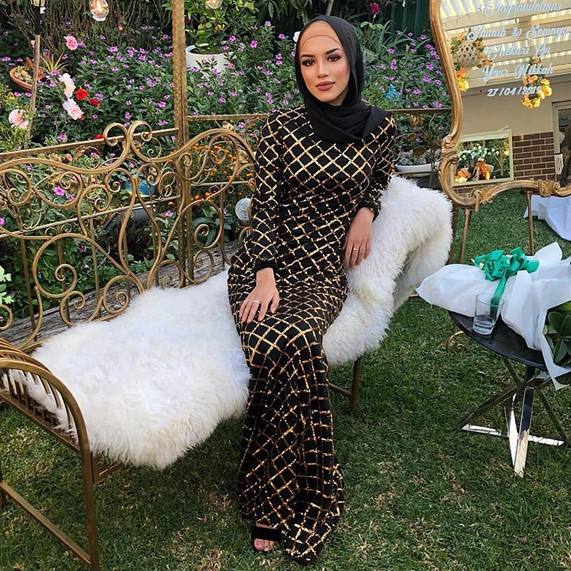 

Muslim Evening Dresses Autumn 2020 Dubai Plaid Sequin Maxi Mermaid Dress Black Slim Turkey Arab Moroccan kaftan Islamic Clothing