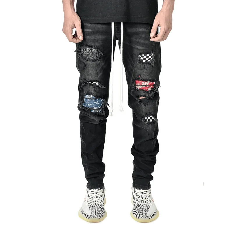 

Jeans Men Vintage Clothing Hiphop Streetwear Distressed Black White Checked Medium Print Effect Casual High Vogue Jean Pants