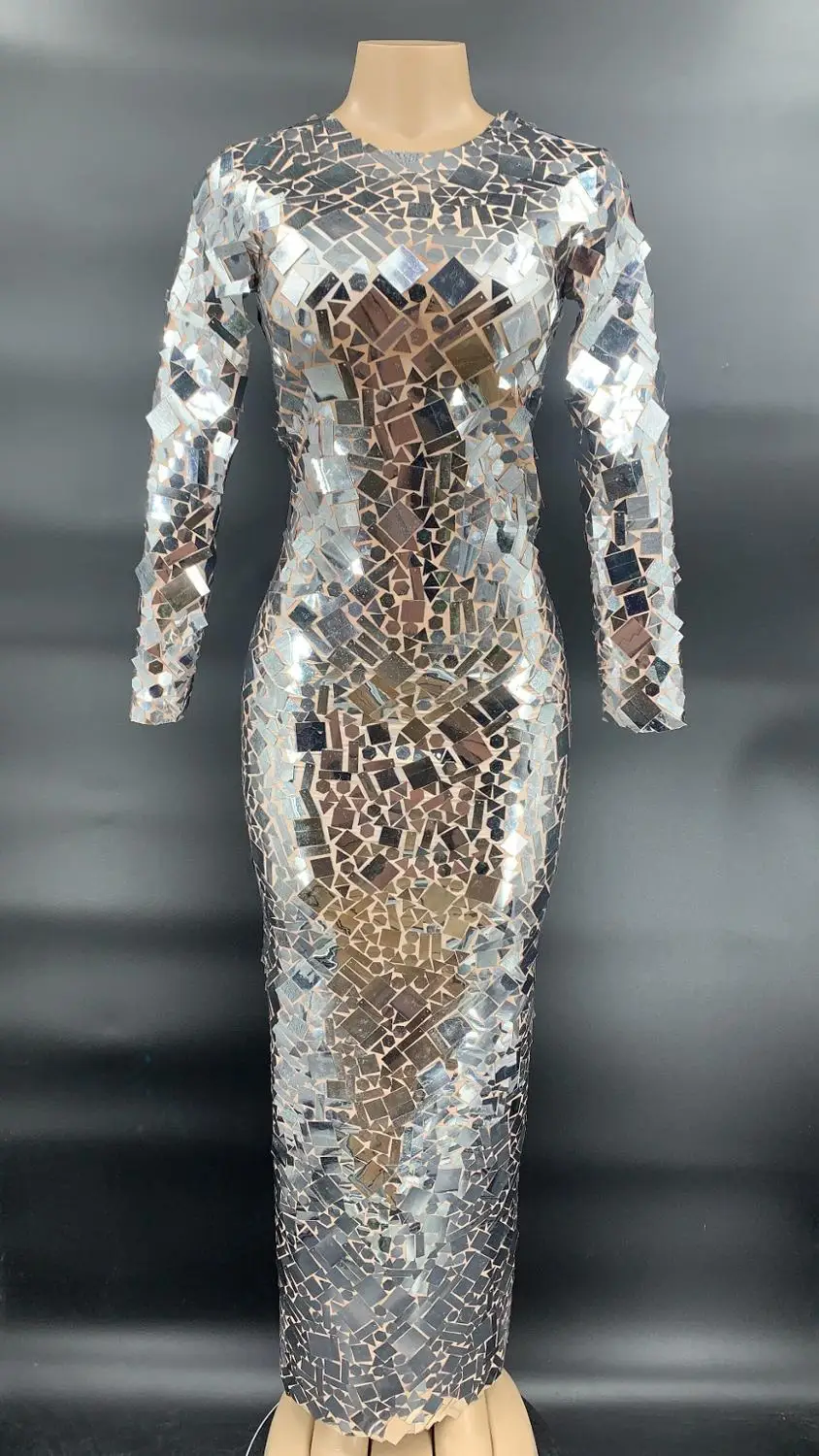 

Shining Silver Mirror Mesh Long Dress Birthday Celebrate Transparent Prom Sequins Dress Women Dancer Show Dress