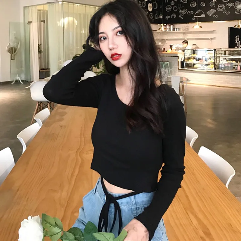 2019 укороченная футболка сексуальная Женская Осенняя женская летняя тонкая с