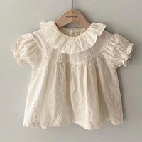2022 summer new solid color girls puff sleeve shirts floral embroidery baby girl blouse loose tee casual kids clothes