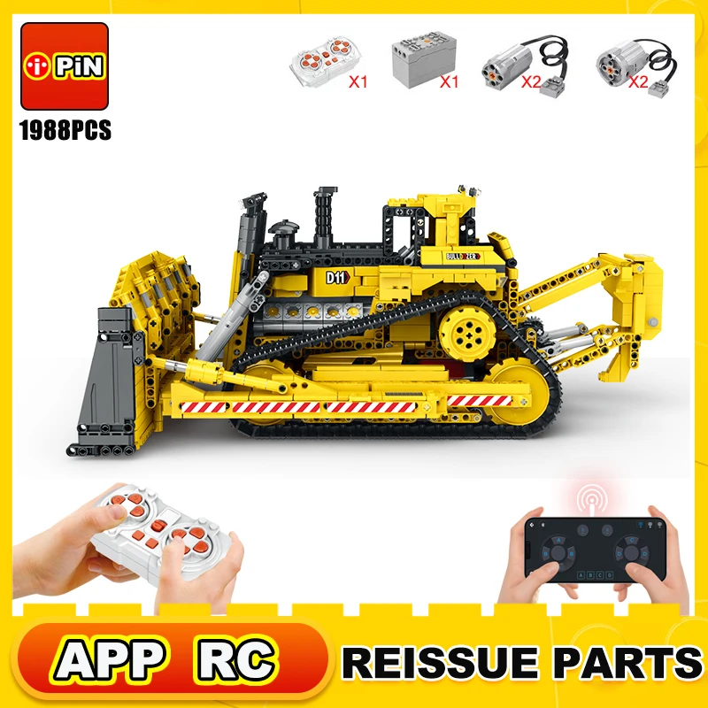 

1988pcs Rc Bulldozer Engineering Vehicle Series App Remote Control Truck Model Moc Bricks Toys Boys Christmas Gifts