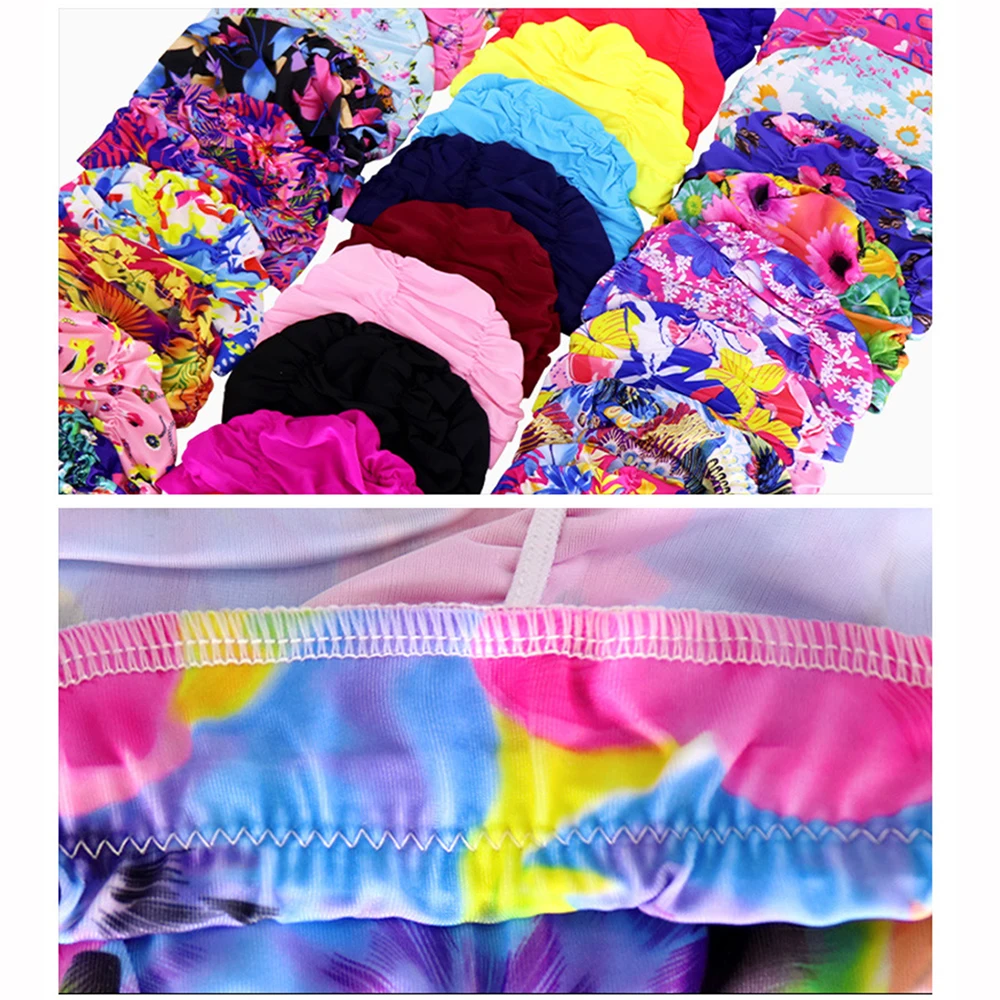 

Pleated Flowers Printed Fabric Swim Pool Sport Swimming Cap Ladies Protect Long Hair Elastic Nylon Bathing Caps Hat Turban Women
