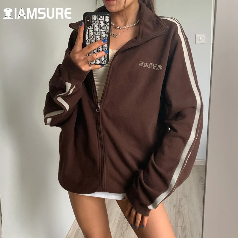 

IAMSURE Preppy Style Striped Zipper Sweatshirts Women Autumn Winter Casual Streetwear Basic Long Sleeve Jackets Fashion Coats