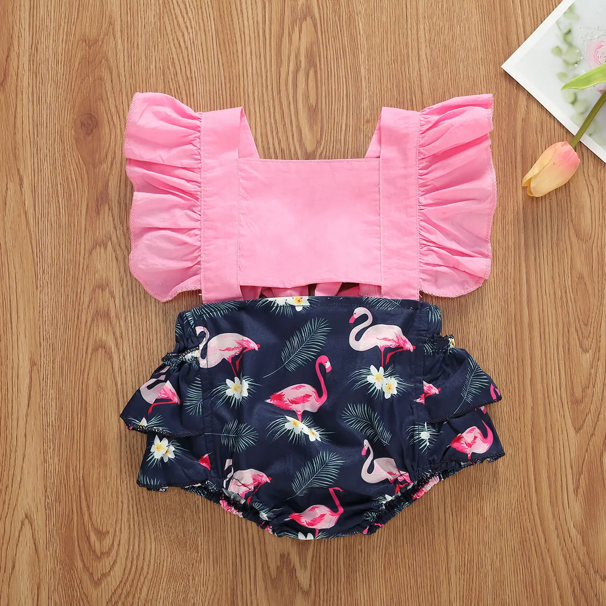 Baby Girl Summer Clothing Suits Short Flare Sleeve Jumpsuit Lemon Pineapple Flamingo Print Square Collar | Мать и ребенок