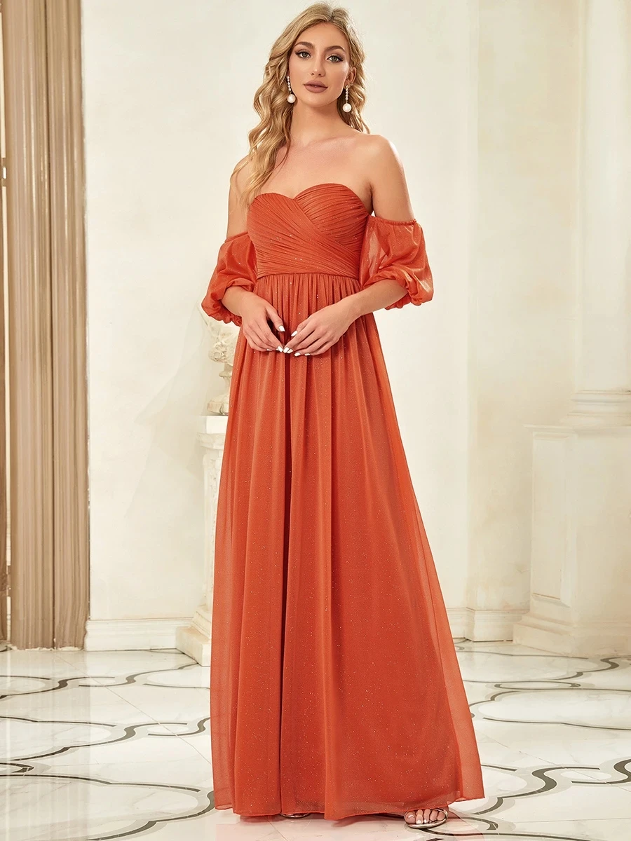 

Elegant Evening Dress Chiffon Off Shoulders Short Lantern Sleeves Backless Ever Pretty 2022 Bridesmaid Dresses Vestidos De Gala