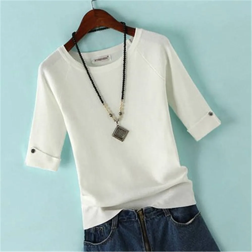 

Autumn Casual Tees Shirt Pullover Sweater Ice Cotton Knit Tops Women Round Neck Slim Winter Bottoming Tops Plus Size