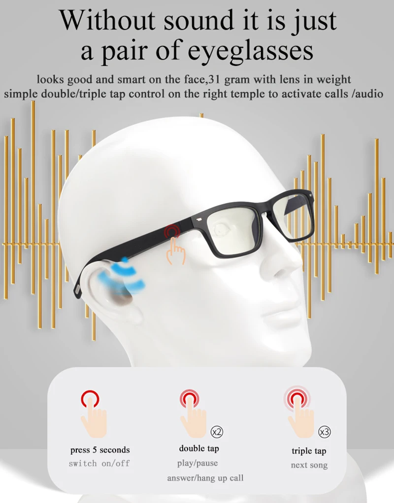 

Non Bone Conduction Bluetooth 5.0 Audio Smart Glasses Driving Sunglasses Eye Protection Blue Light Proof Smart Glasses