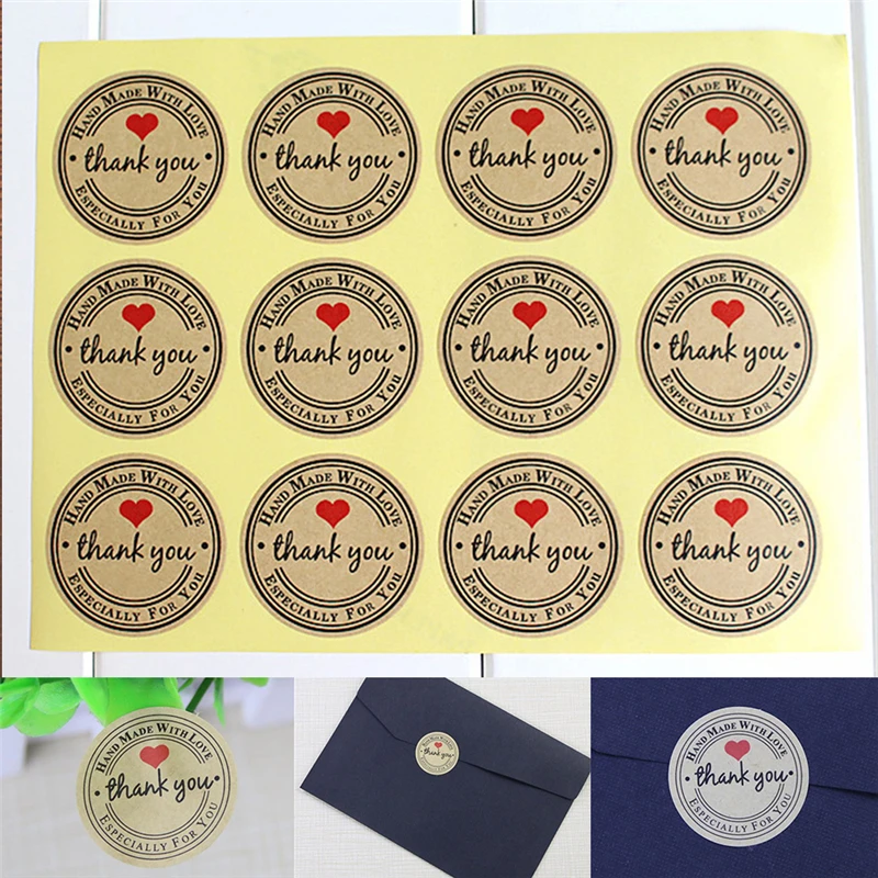 

12 Pcs/Sheet Party Supplies Thank You Red Love Self-adhesive Stickers Kraft Label Gifts Custom Round Labels Paper Bag