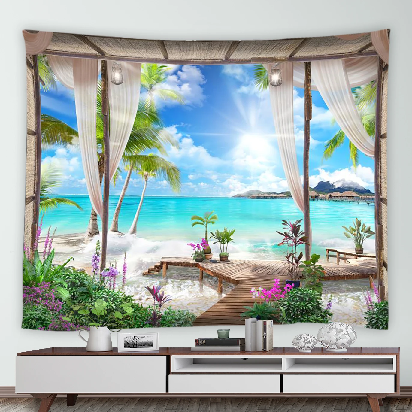 

Зеленые растения, искусственные тропические пальмы, Океанский фон, домашний пейзаж, Настенный Коврик для пикника, настенное одеяло