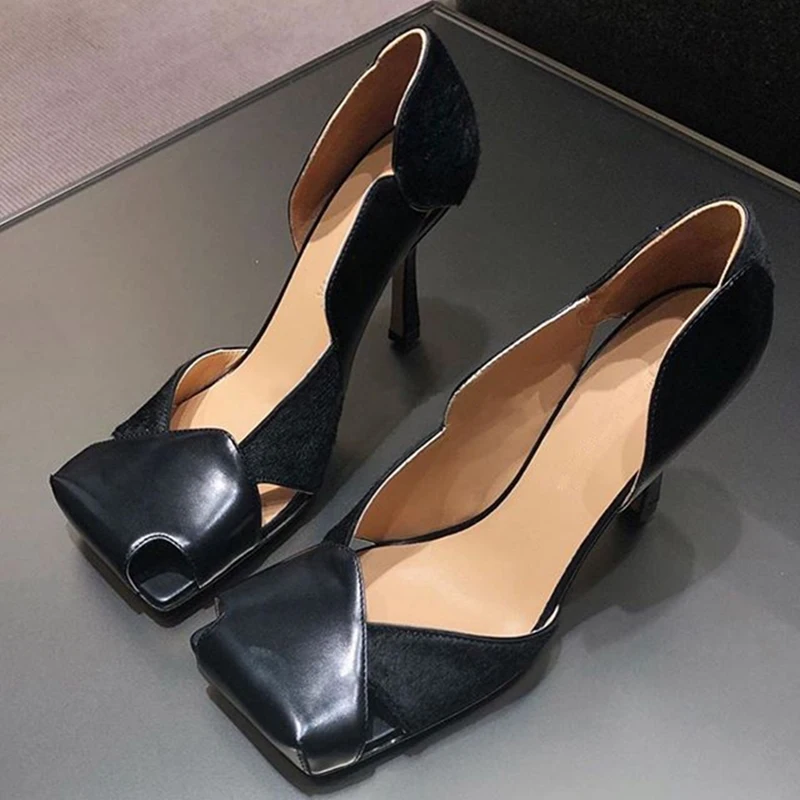 Женские туфли с квадратным носком лоскутные Туфли Мэри Джейн из конского волоса