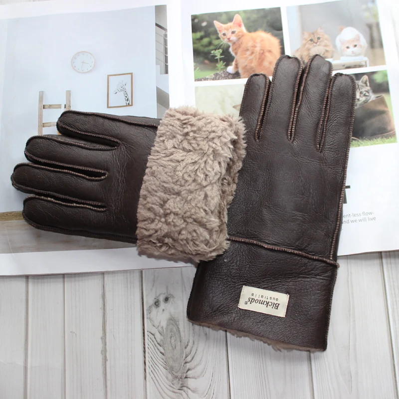 New winter warm men's sheepskin fur gloves leather thick wool outdoor wind and cold | Аксессуары для одежды