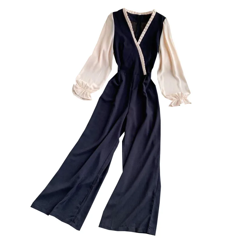 

2020 summer new women jumpsuits v-neck lantern sleeved chiffon velvet patchwork high waist wide leg ankle length pants tops