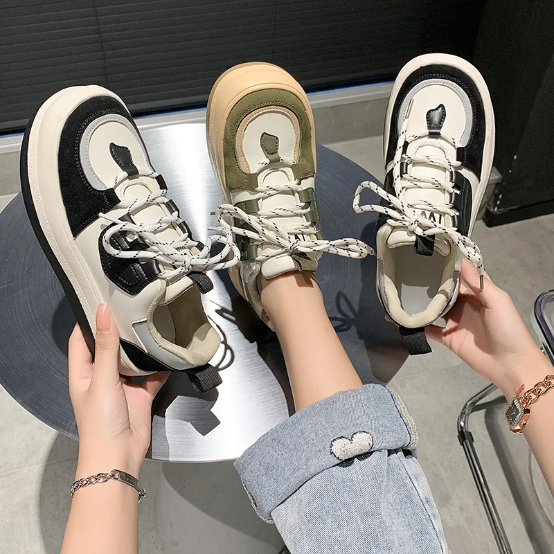 

2021 New Fashion Sneaker Shoes Women Creepers Platform Ins Lace Up Thicken Soled Breathable Loafers Woman Flats Hot Deal