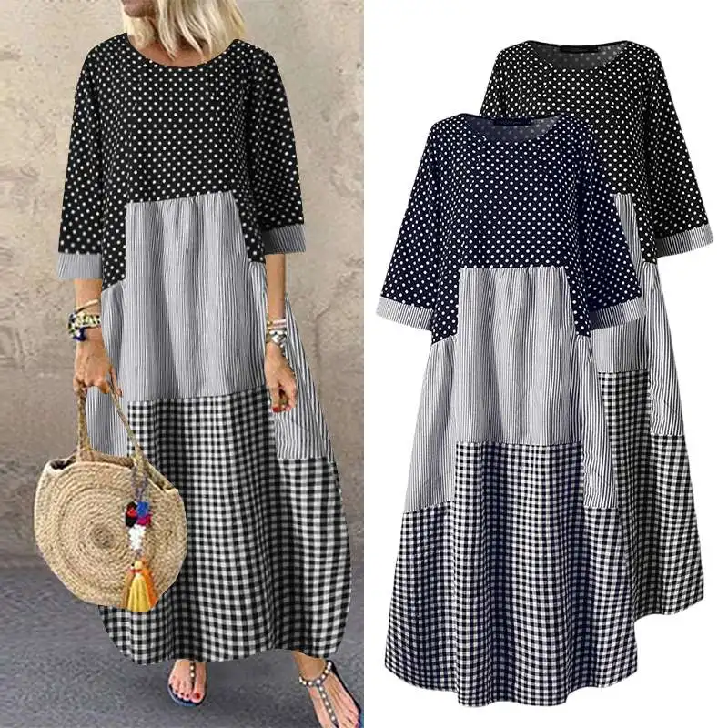 

Casual Plaid Kaftan Sundress Women ZANZEA Spliced Dresses Printed Maxi O-Neck Holiday Bohemian Vestidos Robe Femme