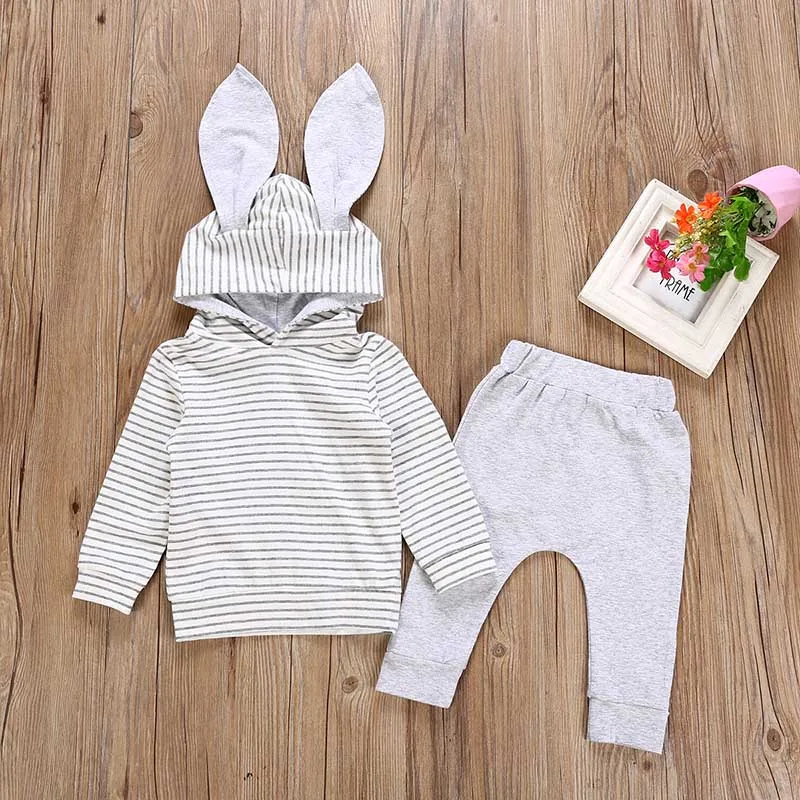 grey Fashion Baby Clothes Set Winter Clothes for children 2PCs Striped Hooded T shirt Tops+Pants newborn baby boy roupas meni - Цвет: grey