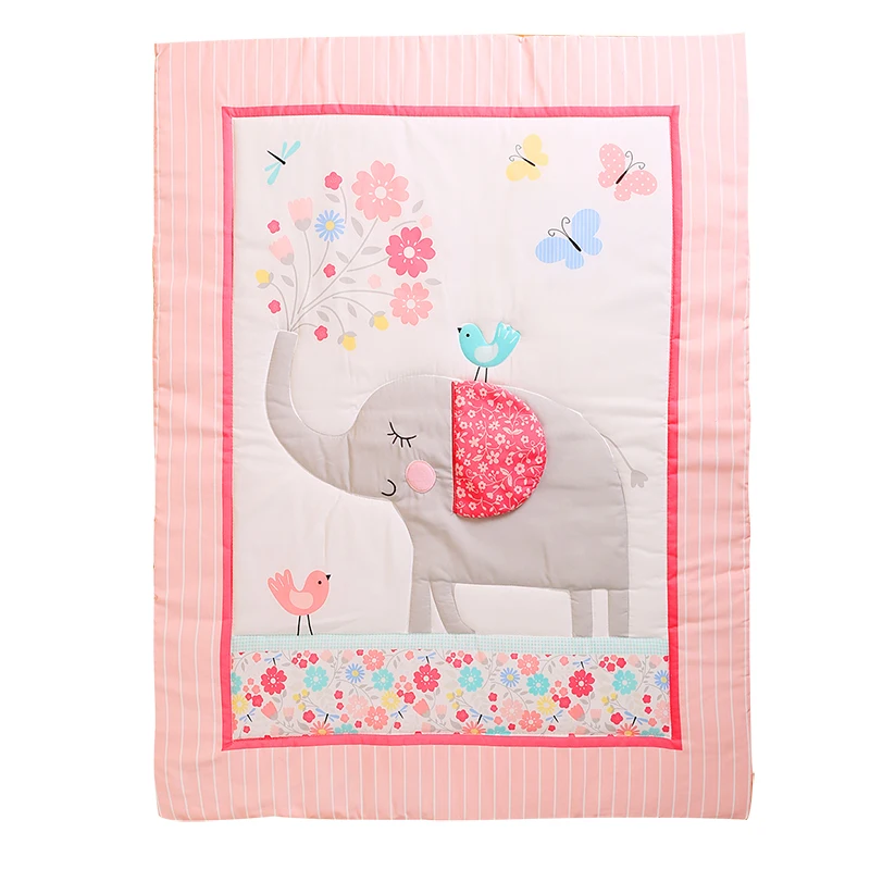 

4 Piece Crib Bedding Set for Baby Girl Dusty Pink Elephant Cartoon Pattern 100% polyester-quilt crib sheet/ crib skirt/ bumpers