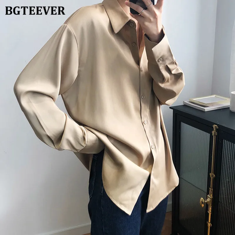 BBTEEVER 2020 New Chic Women Satin Shirts Long Sleeve Solid Turn Down Collar Elegant Office Ladies Workwear Blouses Female