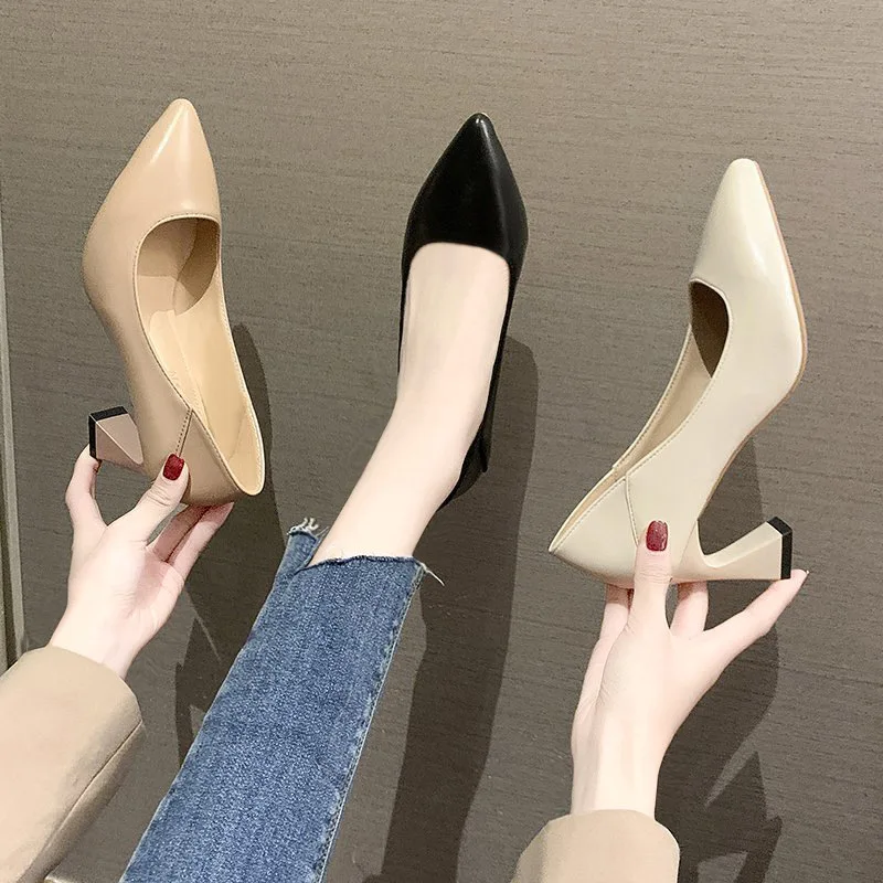 

Женские туфли на толстом каблуке, простые модные привлекательные туфли с острым носком, удобные туфли на низком каблуке для офиса, 2021
