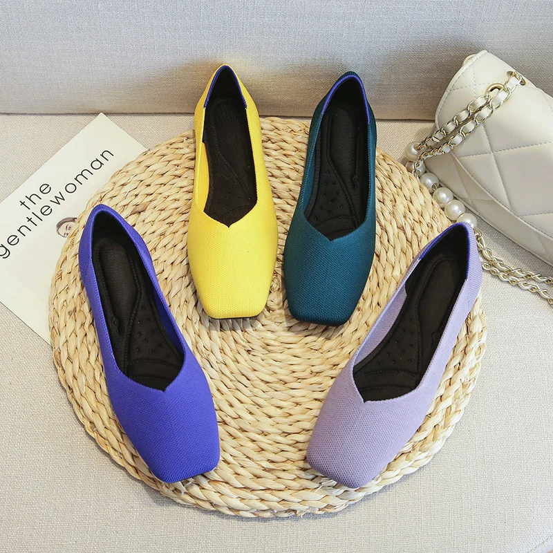 Women's Flat Shoes Breathable Ballet Shoes Shallow Knit Square Shoes Moccasin Mixed Color Soft Pregnant Shoes Zapatos De Mujer