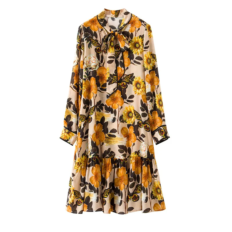 

2021 summer new style silk long-sleeved ladies mid-length printed bow skirt women dress