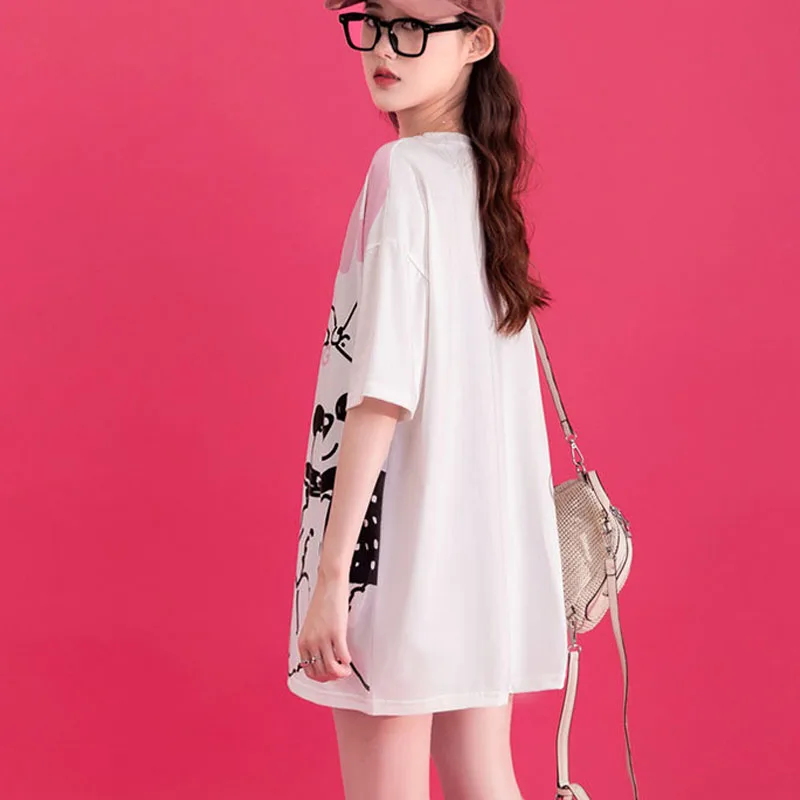 

Casual Loose Oversized T-Shirt Women Cartoon Bear Printed Five Quarter Sleeve Tee Shirt Female White Black Streetwear Tee 2021