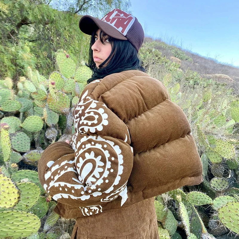 Dourbesty 2021 Women's Winter Jacket Corduroy Retro Print  Zipper Thickening Cotton Padded Warm Coat Femme Parka Streetwear