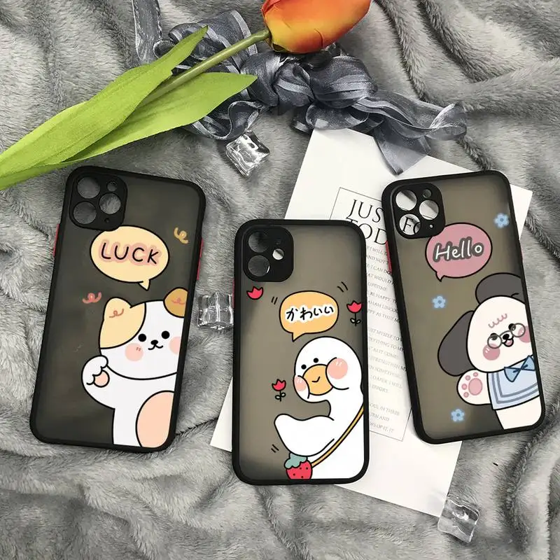 

Cute Animals Cat Mobile Phone Bumper Transparent Matte PC Back Phone Case For Iphone 11 12 Pro Max 7 8 Plus X Xs Max XR Fundas