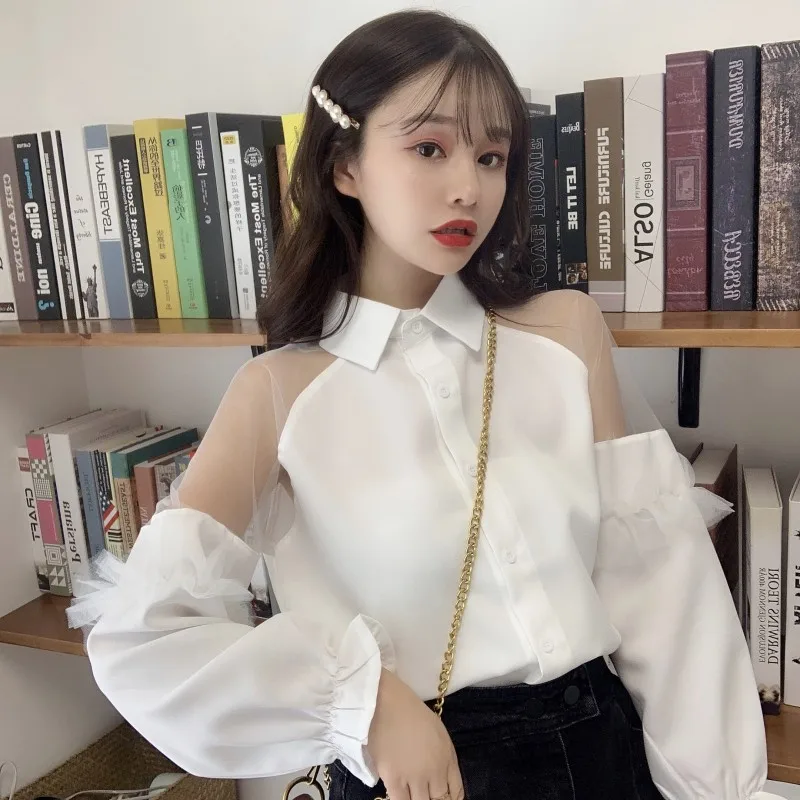 

T Shirts for Women Perspective Mesh Lace Turn-down Collar Off Shoulder Tees Sweet Style Summer Long Sleeve Ladies Tops New