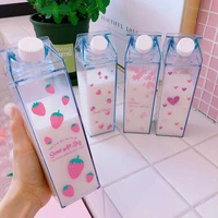 creative cute plastic clear milk carton water bottle fashion strawberry transparent milk box juice kawaii water cup for girls