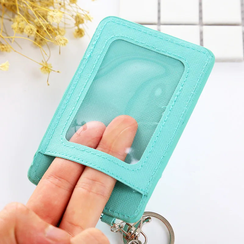 

Pu Leather Student Bus ID Card Holder Solid color Women Men ID Credit Card School Office id badge holder With Keychain Keyring