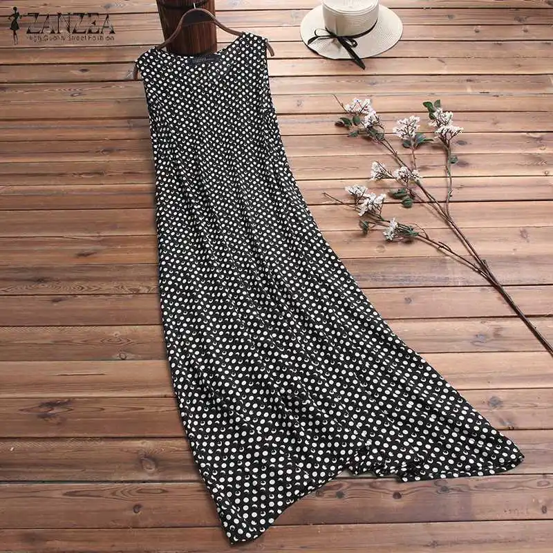 Bohemian Polka Dot Maxi Dress Women's Sundress 2019 ZANZEA Casual Sleeveless Tank Vestidos Female O Neck Party Robe | Женская одежда