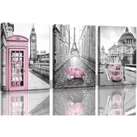 Girls Pink Theme Room Wall Art Canvas Black And White Eiffel Tower Pictures Decorations London Big Ben