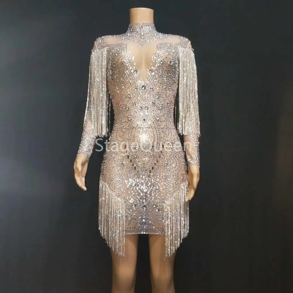 

Sparkly Crystals Chains Mesh Perspective DS DJ Dress Evening Party Dresses Evening Birthday Celebrate Dress Singer Performance