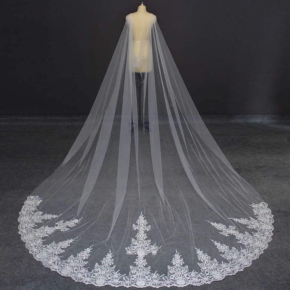 Реальные фотографии длинная кружевная Свадебная накидка высокого качества 3 5