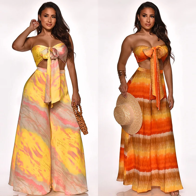 

2021 New African Fashion Dress Women High Waist Wide Leg Pants Sexy Open Back Shoulders Sleeveless Printing Dresses Female